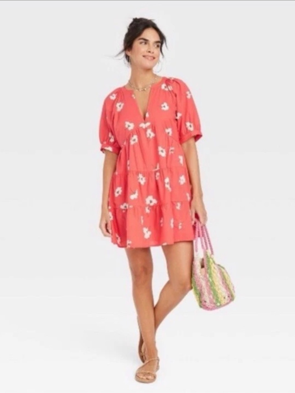 Puff Sleeve Floral Babydoll Dress Tiered Sundress Coral Size Large 100% Cotton